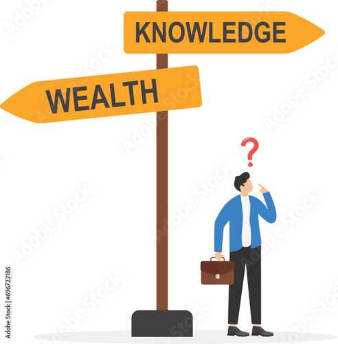 Businessman with road sign wealth or knowledge . Choosing career way concept design vector illustration

