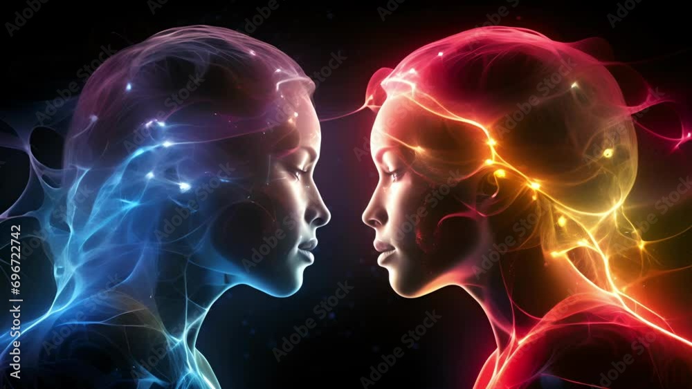 A graphic representation of two individuals communicating through quantum telepathy via entangled brain waves.