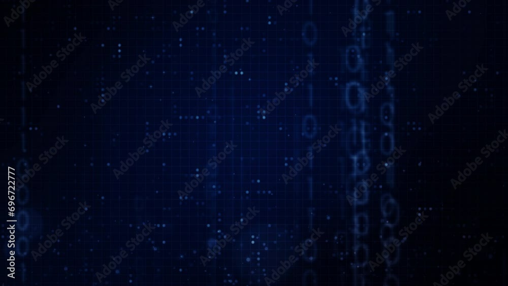 hexagon shape with abstract geometric moving motion particles data binary code for technology futuristic background design. Clean hexagonal digital element pattern with empty space animation video.