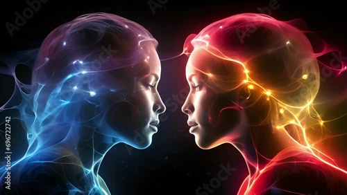 A graphic representation of two individuals communicating through quantum telepathy via entangled brain waves.