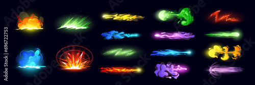 Effect game comic, lightning wave cartoon. Vfx energy fire, neon wave laser bomb, magic laser lighting, plasma burst, fireball. Power explosion, gun animation, beam flame. Vector cartoon garish raygun