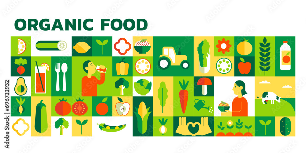 Food vegetable organic set. Fruits drinks, kitchen background, green plant, farm meal eating, healthy menu design, geometric cooking vegan detox banner. Vector nature icon concept logo for veg product