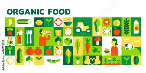 Food vegetable organic set. Fruits drinks, kitchen background, green plant, farm meal eating, healthy menu design, geometric cooking vegan detox banner. Vector nature icon concept logo for veg product