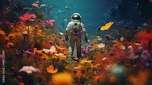 An astronaut strolls through a field full of flowers © Cedar