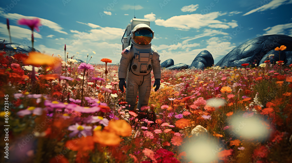 An astronaut strolls through a field full of flowers - obrazy, fototapety, plakaty 