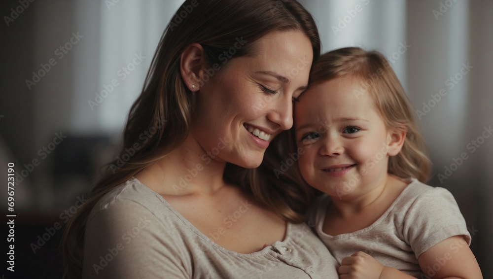 Close-up of a mother holding a newborn baby and smiling in a cozy bedroom. Close-up of a mother holding a newborn baby and smiling in a cozy bedroom.