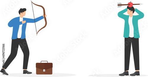 Businessman with blindfold aiming to shoot the apple on the head of the others.trust, Businessman focus concept vector illustration

