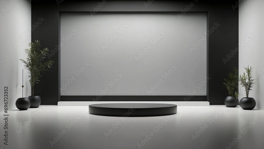 Fototapeta premium Clean cement empty room with black podium, ceiling lights and potted plants. Modern minimalist background for product presentation or display