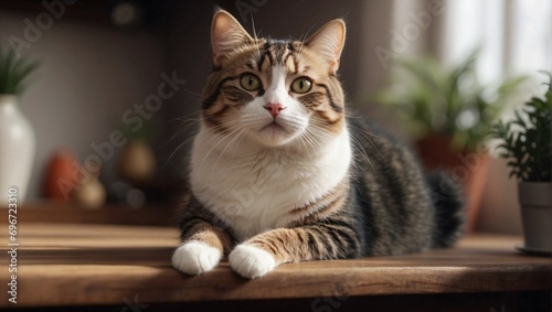 Portrait of a cute cat sitting on the table at home in blurry background