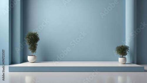 Blue podium background for cosmetic product display  presentation and advertisement. Minimalist clean empty room