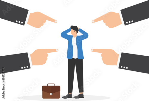 Vector businessman among the pointing hands. Businessman to blame concept illustration

