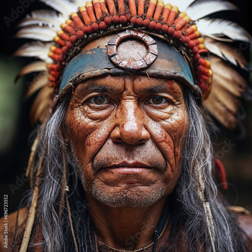 Native American Indian indigenous warrior portrait, wearing traditoional costume and feathers on head © Rawf8