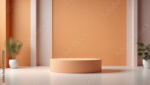 Orange podium background for cosmetic product display  presentation and advertisement. Minimalist clean empty room