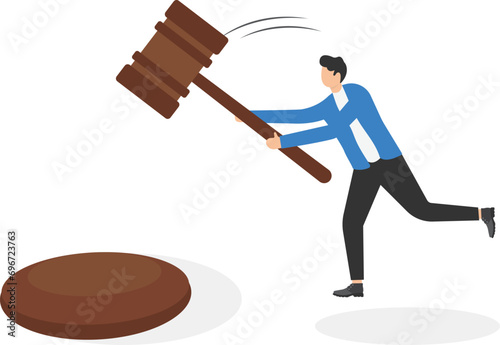 Young businessman hold a big gavel for Justice design vector illustration

