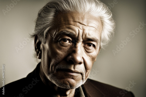 Close-up of an elderly man, serious expression