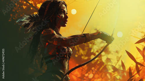 Archery amazon woman with bow in forest