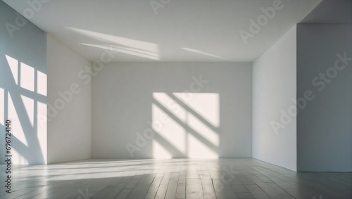 Empty room with grey walls and light shadow from the window, seen from the front. Modern minimalist background for product presentation or display