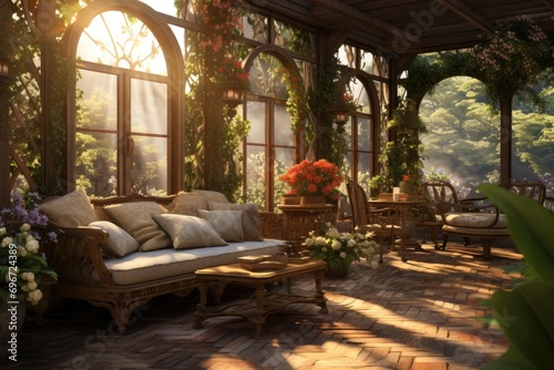 3 d render of a garden with a large windows, An image of a beautiful outdoor seating area, with several luxurious chairs arranged around a fire pit, AI Generated © Iftikhar alam