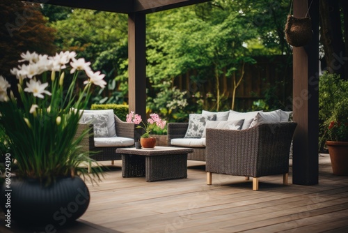 table setting in the garden, An image of a beautiful outdoor seating area, with several luxurious chairs arranged around a fire pit, AI Generated