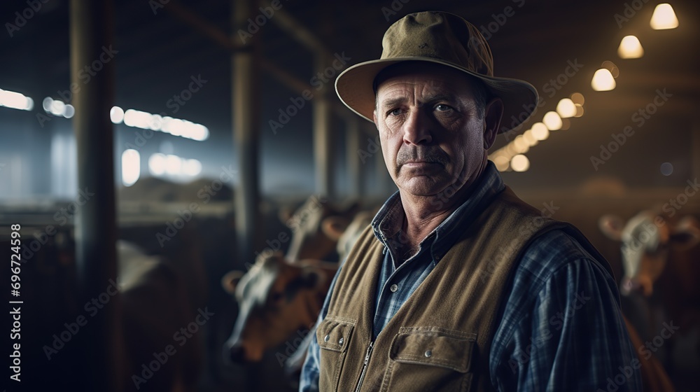 Mature farmer posing in a cowshed . Portrait of confident mature male farmer posing in cowshed at dairy farm on summer day. image of farmer.