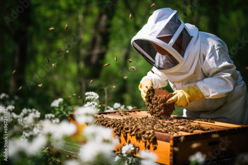 beekeeper working in the apiary, Apiarist working with your bees to achieve sweet honey, AI Generated