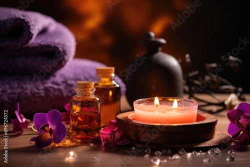 Spa still life with burning candle, orchid flowers and towels, Aromatherapy massage ambiance or spa salon composition setup, AI Generated