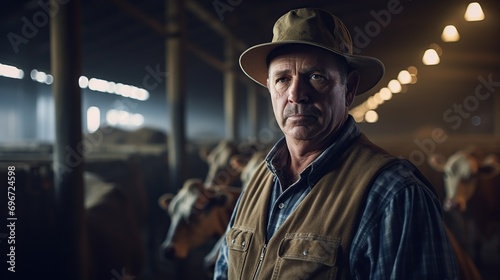 Mature farmer posing in a cowshed . Portrait of confident mature male farmer posing in cowshed at dairy farm on summer day. image of farmer. © Naknakhone