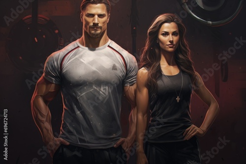 Fitness couple posing in the gym. Fitness, bodybuilding and healthy lifestyle concept, Athletic man and woman with a dumbells, AI Generated