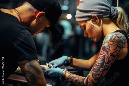 Tattoo artist doing tattoo on a young woman in a tattoo studio, attoo artist working on a customer's arm, AI Generated photo