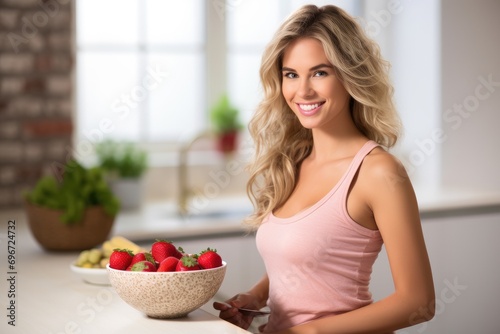 Beautiful young woman eating fresh strawberries in the kitchen. Healthy food  dieting and people concept  Athletic woman eating a healthy bowl of muesli with fruit sitting  AI Generated