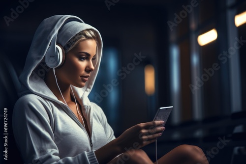 Beautiful young woman listening to music with headphones while sitting in the gym, Attractive athletic woman in headphones wearing towel on her shoulders and using smart phone, AI Generated