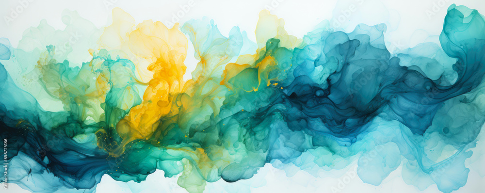 Watercolor splashes of yellow, blue and green colors on a white background