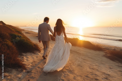 Wedding couple walking on the beach at sunset. Bride and groom, Beach Wedding with Beautiful Bride and Groom Walking Down the Coastline on the Perfect Sunset, AI Generated