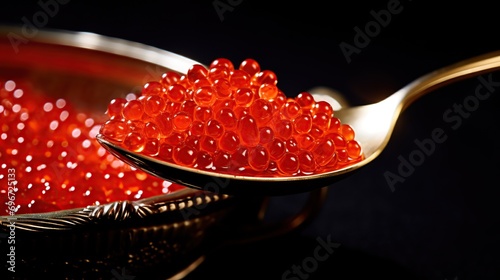 Red fresh grainy salmon caviar in metal spoon. Image of food. copy space for text.