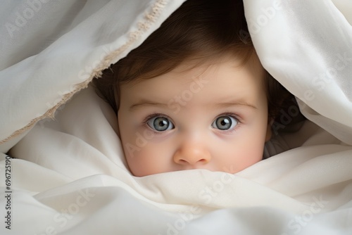 Portrait of cute little baby girl with blue eyes lying under blanket, beautiful baby looking out from under blanket, AI Generated