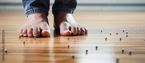 Floor nails can cause accidents; a man stepped on one and was hurt, needing first aid and hospitalization.