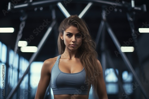 Portrait of beautiful young woman in sportswear posing in gym, Portrait of beautiful woman working out at gym, AI Generated