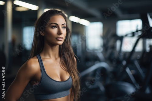 Beautiful sexy athletic young brunette Caucasian girl working out training arms in the gym gaining weight pumping up muscles and poses fitness and bodybuilding concept, Portrait, AI Generated
