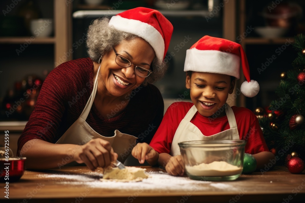 Merry Christmas and Happy Holidays! Cheerful afro-american mother and her cute little daughter baking cookies at home, Black african american dark-skinned grandmother and, AI Generated
