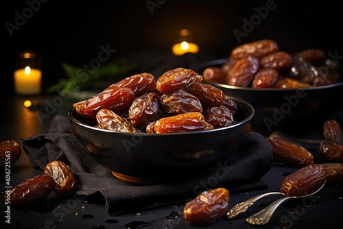 Medjool dates in bowl on black background. Selective focus, Big luxury dried date fruit in bowls on the dark surface, AI Generated