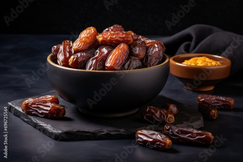 Dried dates fruits in bowl on black background. Selective focus, Big luxury dried date fruit in bowls on the dark surface, AI Generated