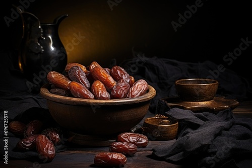 Dates fruit in a bowl on wooden table. Dark background, Big luxury dried date fruit in bowls on the dark surface, AI Generated