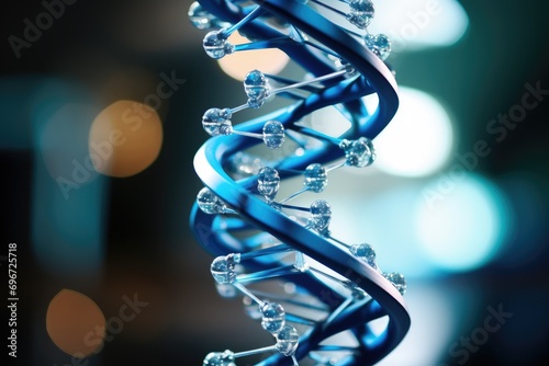 DNA molecule model, 3d render and bokeh light background, Blue DNA strand molecular structure model, AI Generated photo