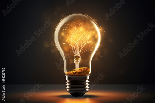 Glowing light bulb on dark blue background with business sketches and symbols, Brainstorming concept with a light bulb, AI Generated