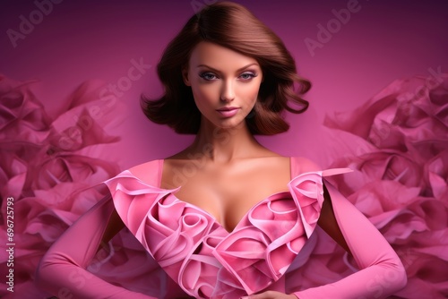 Portrait of a beautiful young brunette woman in pink dress, Breast cancer awareness month in October, AI Generated #696725793