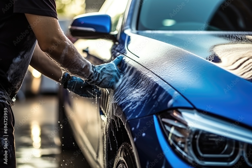 professional mechanic working in garage, An employee of a car wash or car shop thoroughly washes a blue car, AI Generated - obrazy, fototapety, plakaty 