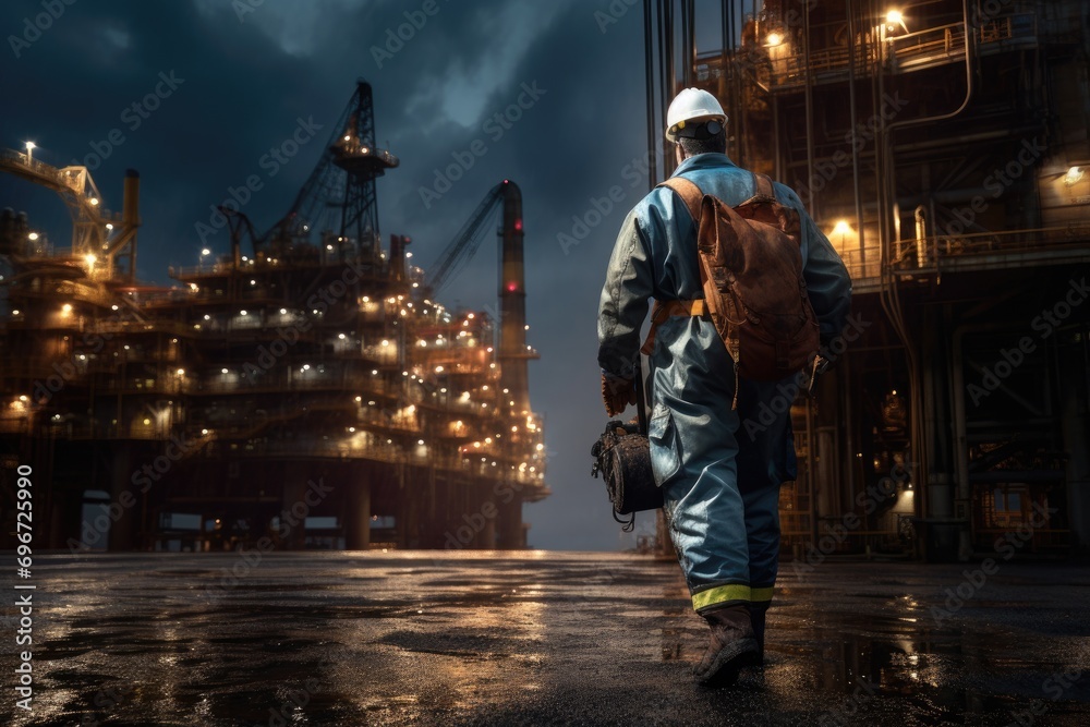 oil worker in the factory, An offshore oil rig worker walks to an oil and gas facility to work in the process area, AI Generated