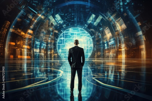 Back view of businessman looking at futuristic tunnel. Future and technology concept, Business Financing Accounting Banking Concept, AI Generated
