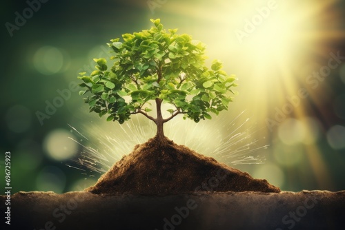 Tree growing from pile of soil with sunlight background. Ecology concept, Business growth, progress or success concept, AI Generated