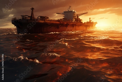 oil and gas ship on the ocean at sunset 3 d rendering, An oil spillage in the ocean, tanker in the back, AI Generated © Iftikhar alam